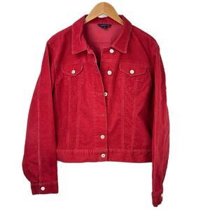 Lands’ End Trucker Jacket Women’s Sz XL Red Corduroy Button Front Stretch